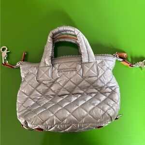 MZ Wallace Quilted Mini Tote in Silver with Leather Trim